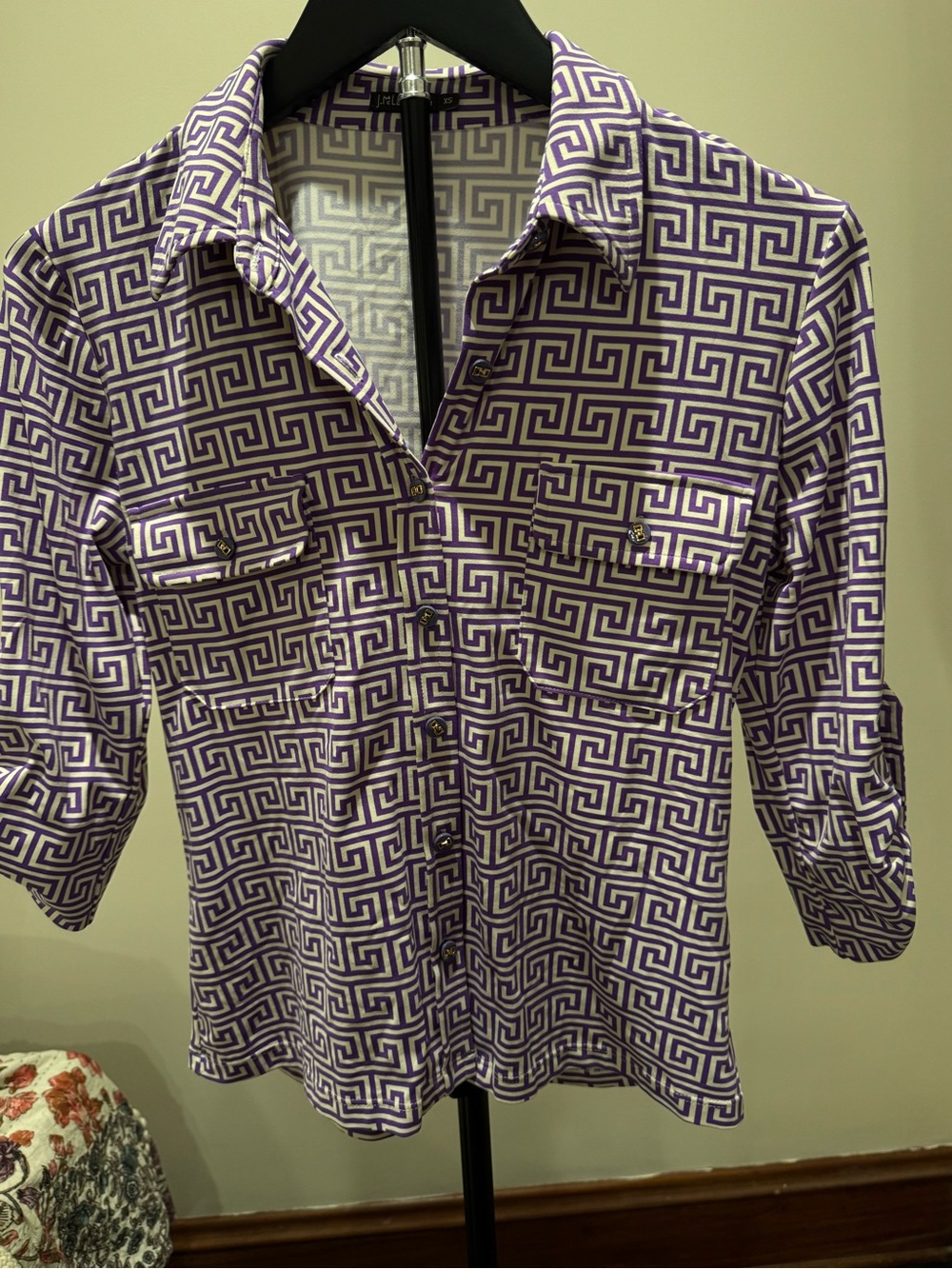 J. McLaughlin Cream and Purple Geometric Button-Up Top